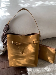 Retro mustard yellow large capacity PU leather bucket bag with silk scarf and inner pouch