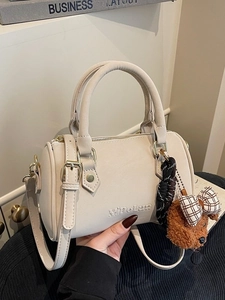 Women Vintage PU Leather Boston Bag Retro Pillow Crossbody Bag With Plush Pendant Shoulder Handbag Satchel For Daily Work
