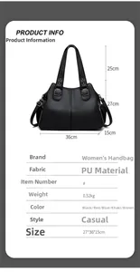 Detailed size chart for black PU leather tote bag showing 36cm width and 27cm height dimensions