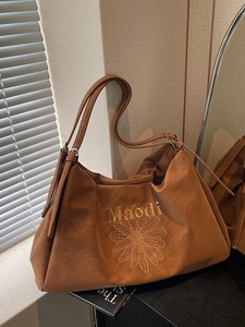 Large Capacity Faux Suede Tote Bag Women Floral Embroidery Shoulder Bag Vintage Casual Commuter Adjustable Strap Handbag