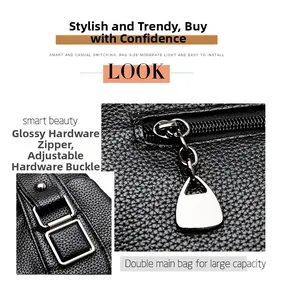Detail of glossy metal zipper and adjustable square buckle on black pebble leather bag