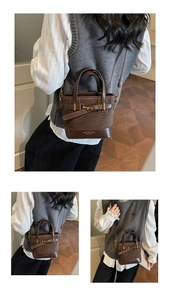 Three lifestyle views of a retro brown vintage handbag with a cross-body strap