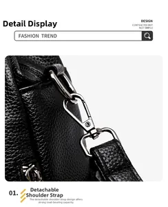 Close-up of black lychee grain leather handbag with durable silver detachable metal swivel hook