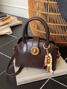 Vintage Women PU Leather Shell Bag With Circular Metal Lock Wood Bead Charm Stylish Shoulder Crossbody Bag For Daily Commute