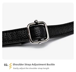 Detail of adjustable black litchi leather shoulder strap with silver square metal buckle