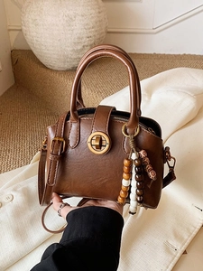 Retro dark brown shell bag with matte PU leather and wooden bead charm for women