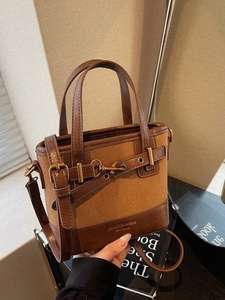 Women Vintage PU Leather Bucket Bag Minimalist Splicing Stitching Handbag With Adjustable Strap Crossbody Shoulder Bag Daily
