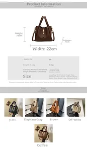 Detailed size chart for women PU bucket bag showing dimensions and five color options