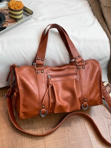 Retro PU Leather Large Capacity Tote Bag Rivet Tassel Boston Handbag Fashion Street Style Shoulder Crossbody Bag Women
