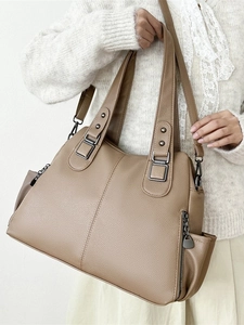 Chic khaki pebbled leather tote bag with large capacity and adjustable shoulder strap