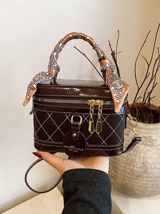 Retro dark brown quilted box bag with silk scarf handle and adjustable shoulder strap