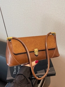 Women Vintage PU Leather Baguette Bag Patchwork Underarm Shoulder Bag With Metal Buckle Minimalist Casual Commute Handbag