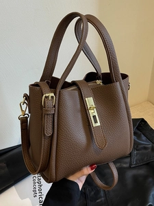 Women Minimalist Litchi Pattern PU Leather Bucket Bag Elegant Crossbody Handbag With Gold Lock Buckle Adjustable Strap Shoulder Bag