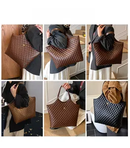 Detail shots of women large capacity quilted tote bag with clover logo and shoulder strap