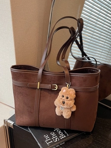 Retro deep brown suede tote bag for women with golden hardware and cute dog charm