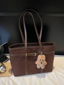 Retro large capacity dark brown suede tote bag for women with plush puppy pendant accessory