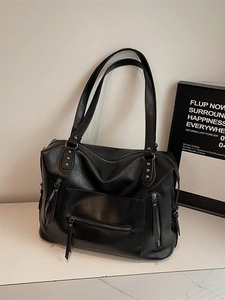 Black large capacity faux leather tote bag with vintage zippers and rivets for women