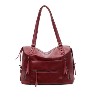 Vintage burgundy large tote bag with multiple pockets and long zipper tassels