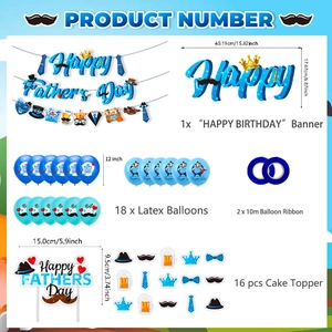 Détail du kit fête des pères montrant bannières, ballons et décorations de gâteau