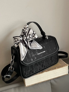 Chic black velvet handbag with silk scarf and silver metal chain strap for women