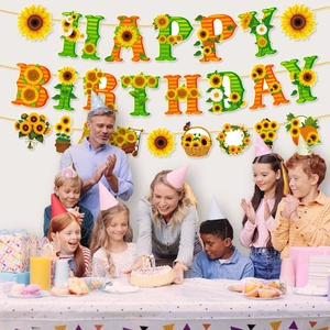Detail of sunflower party banner with Happy Birthday letters and floral hanging decor