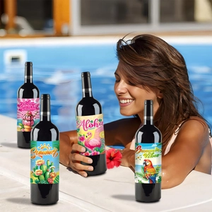 Set of 4 Hawaiian tropical wine bottle labels with flamingo and palm motifs for summer parties