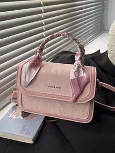 Pink corduroy square crossbody bag with silk scarf handle and FASHION & BAGS logo