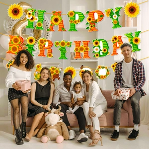 Sunflower Happy Birthday banner set for party decoration in a cozy family home scene