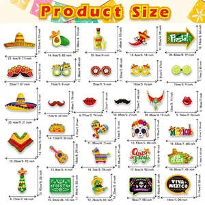 Size chart for 25 Mexican party photo props showing dimensions in cm and inches
