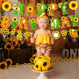 Sunflower themed happy birthday banner party decorations set with stripes and floral patterns