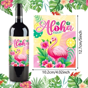 Hawaiian flamingo wine bottle labels for summer beach party decorations with Aloha design