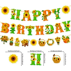 Sunflower Happy Birthday banner set with gnome and pumpkin decorations for party decor