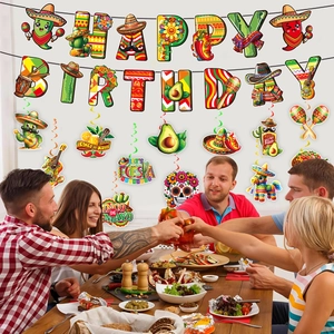 Mexican Fiesta Happy Birthday banner set with colorful taco and cactus decorations