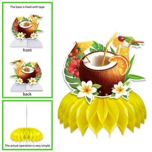 Hawaiian tropical party honeycomb table centerpiece with cocktail and hibiscus patterns