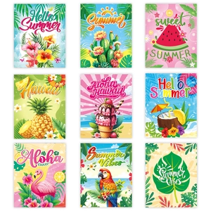 Set of 9 tropical Hawaiian wine bottle stickers with flamingos and palm leaves