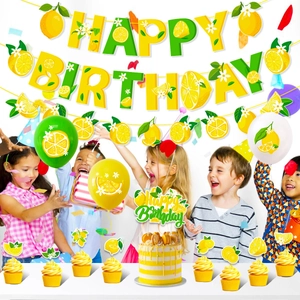 Summer lemon fruit birthday party decoration set with banners, balloons and cake toppers