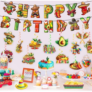 Detail of colorful Fiesta birthday banners and Mexican themed hanging swirls decorations