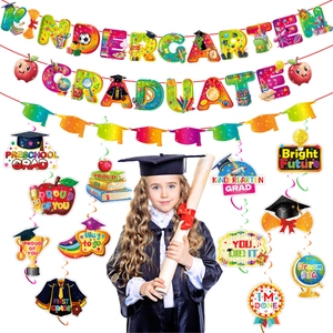 Colorful kindergarten graduation party decoration set with banners and hanging swirls