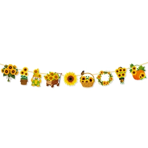 Detailed close-up of sunflower themed party banner with floral and gnome paper cards