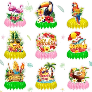 9Pcs Hawaiian honeycomb centerpieces featuring flamingos, pineapples and tropical theme decor