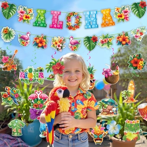 Detail of tropical ALOHA party decorations including floral banners and spiral hanging swirls