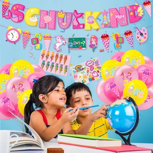 Roze Schulkind schoolfeest decoratieset met banners, ballonnen en stickers voor school