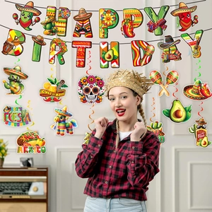 Detail of Day of the Dead birthday party banners with taco and cactus hanging decorations