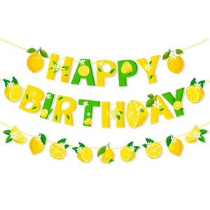 Detailed Happy Birthday banner with lemon slices and daisies for summer party decor
