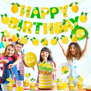 Lemon themed happy birthday party decoration set with banners, balloons and cake toppers