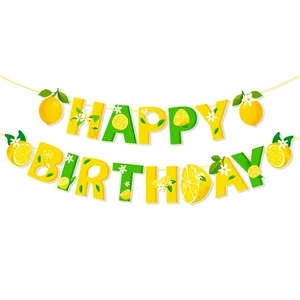 Detail view of Happy Birthday lemon banner with vibrant yellow fruit and flower patterns