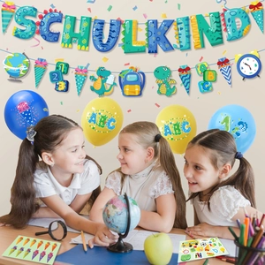 Σετ διακόσμησης Schulkind με πανό δεινοσαύρων μπαλόνια και σχολικά αυτοκόλλητα