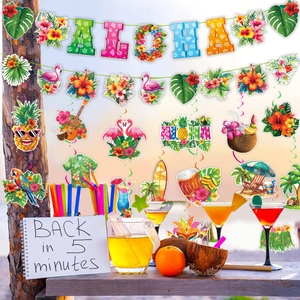 Vibrant Aloha party banners and tropical hanging swirls with flamingo and pineapple details