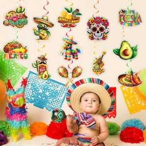 Cinco de Mayo party swirls featuring cactus, taco, and sugar skull hanging decorations