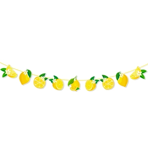 Detail of summer lemon party banner with citrus slices and white flowers on a yellow string